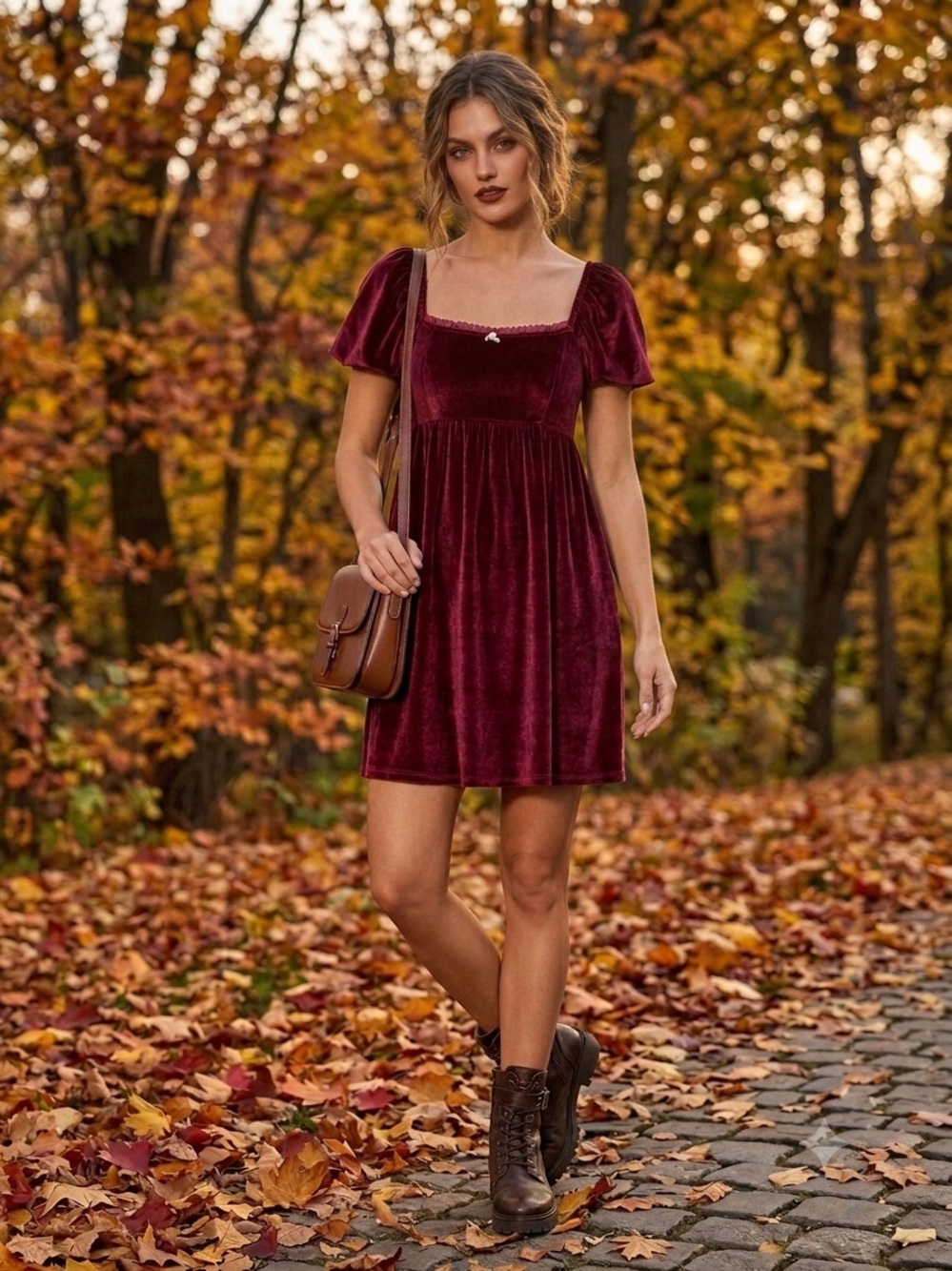 Altar'd State Julia Velvet Puff Sleeve Babydoll Mini Dress in Burgundy